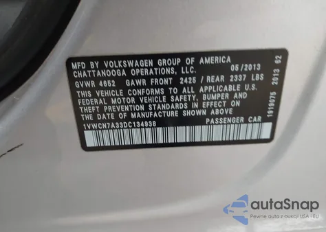 2013 Volkswagen Passat 2.0L Tdi Sel Premium z USA, uszkodzony, nr VIN 1VWCN7A33DC134938